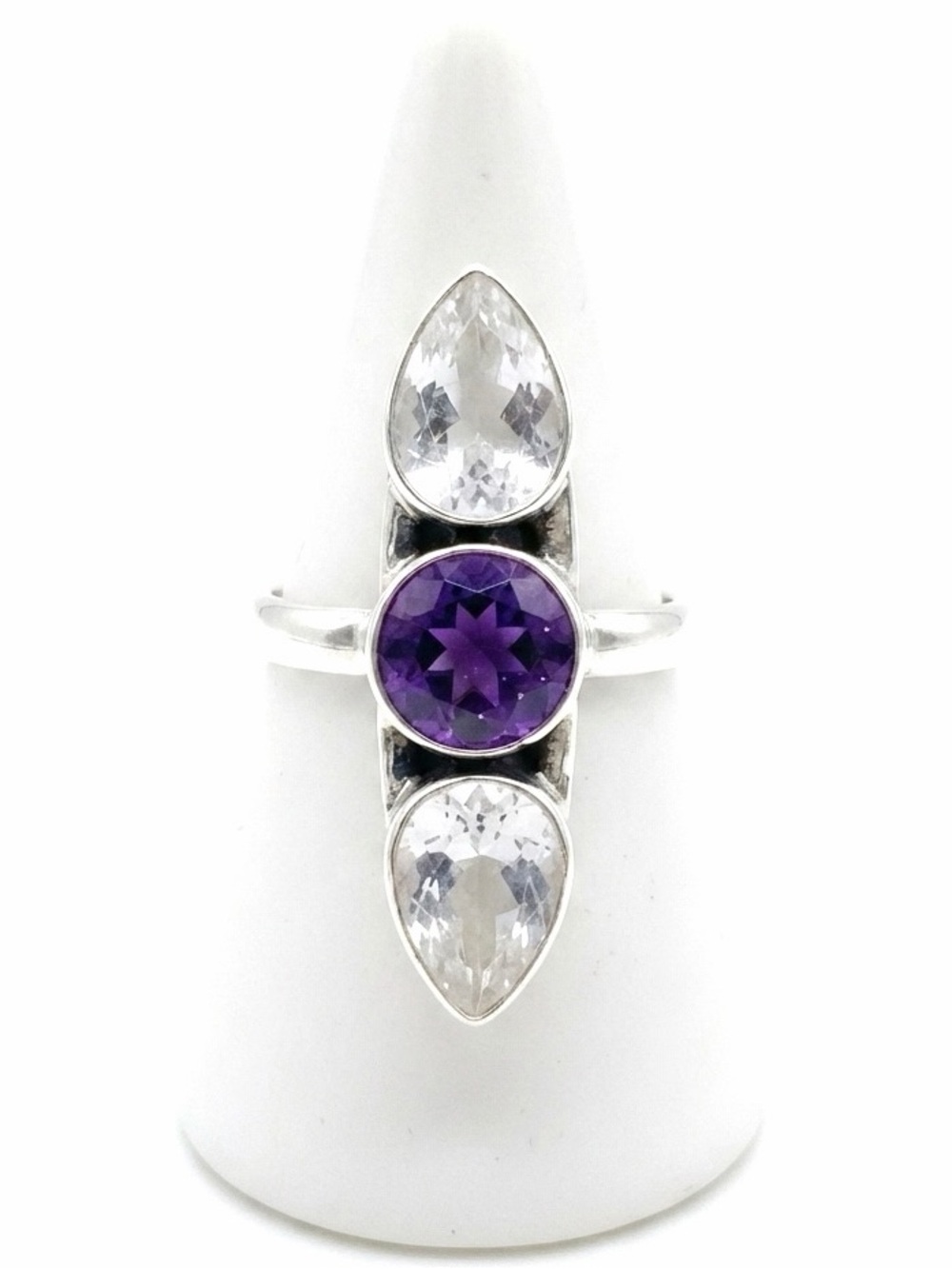 New Artisan Purple Natural Amethyst Quartz Stone 925 Sterling Silver 3 Tier Ring